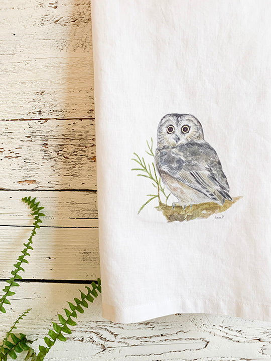Saw-whet Owl French Linen Tea Towel