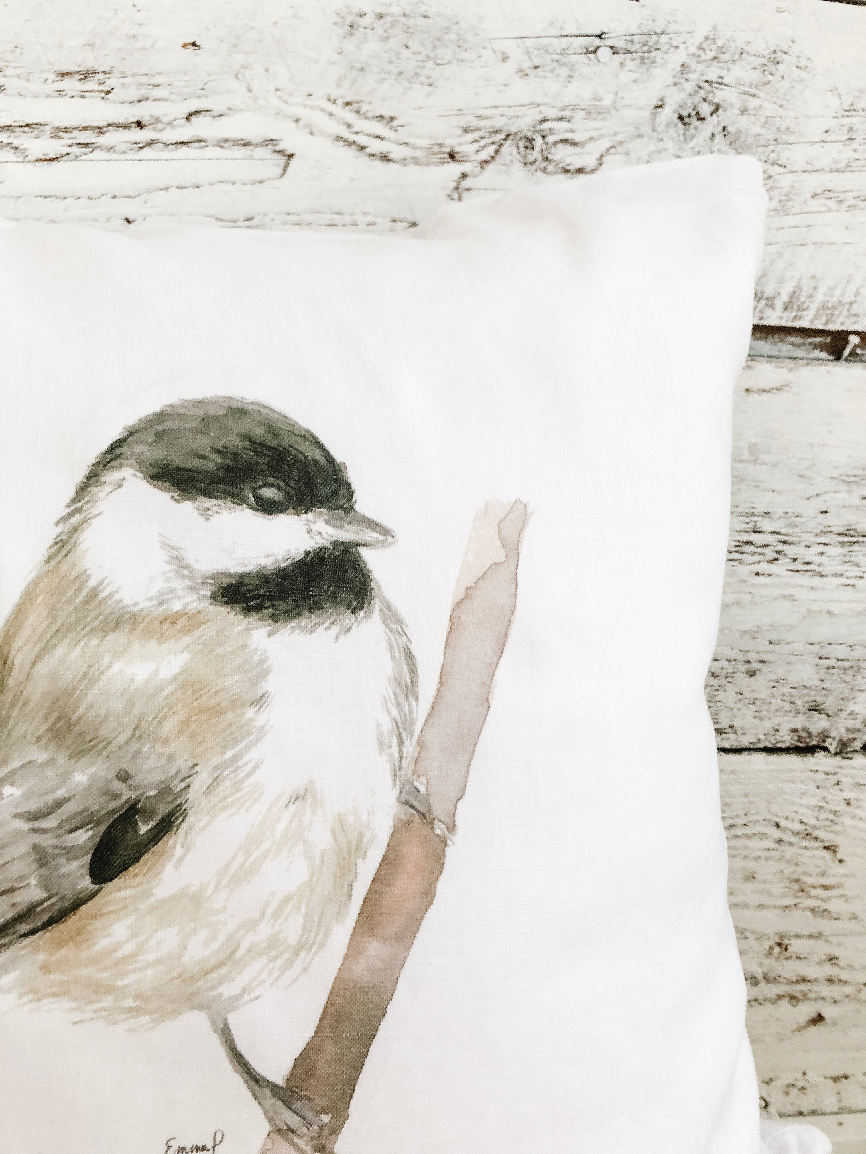 Chickadee on Branch French Linen Pillow Cover