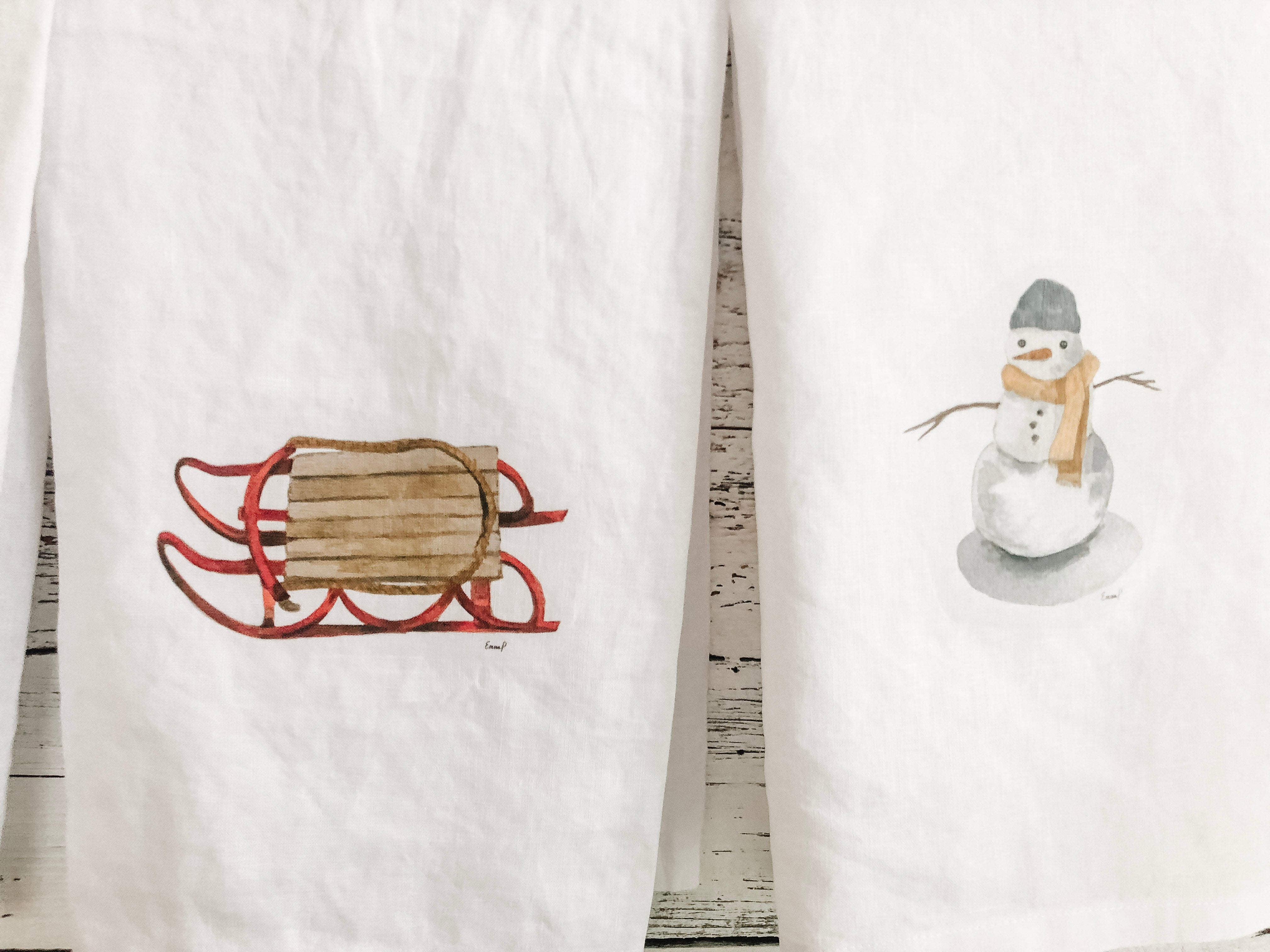 Winter themed French Linen Tea Towel set