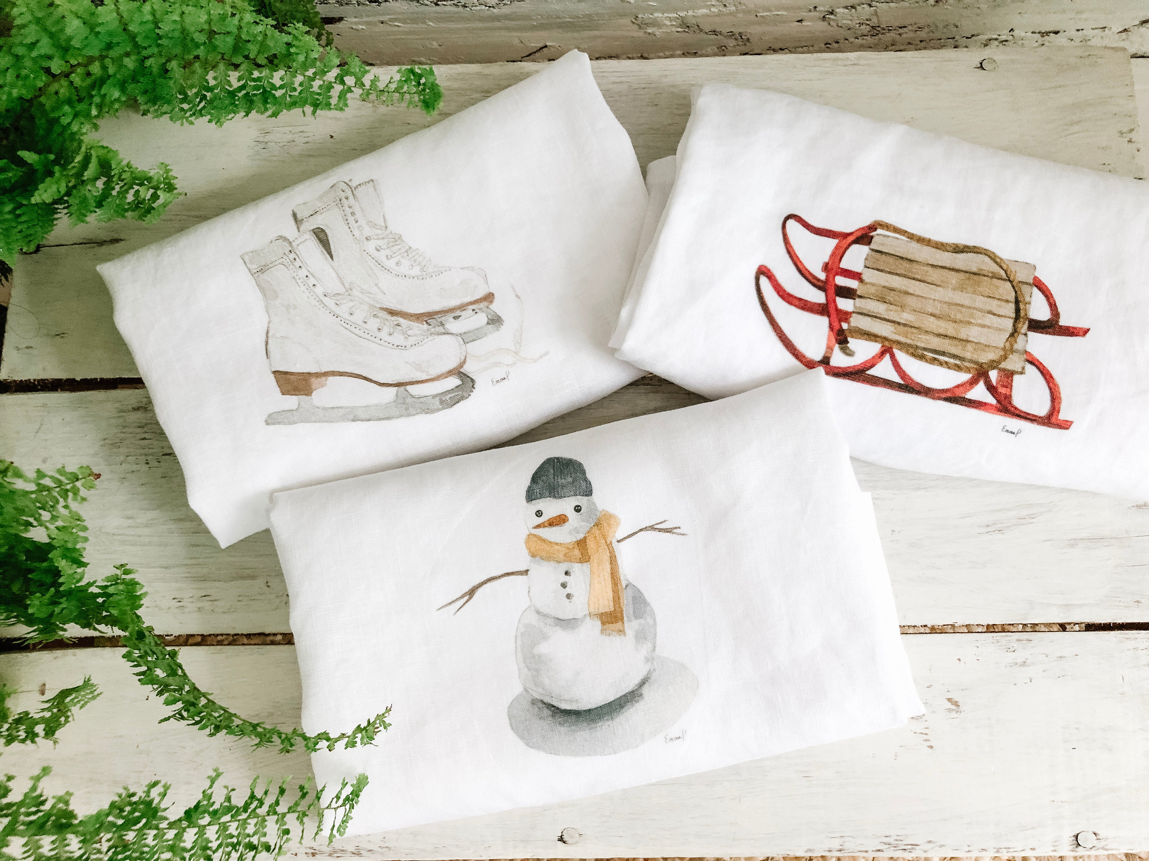 Winter themed French Linen Tea Towel set