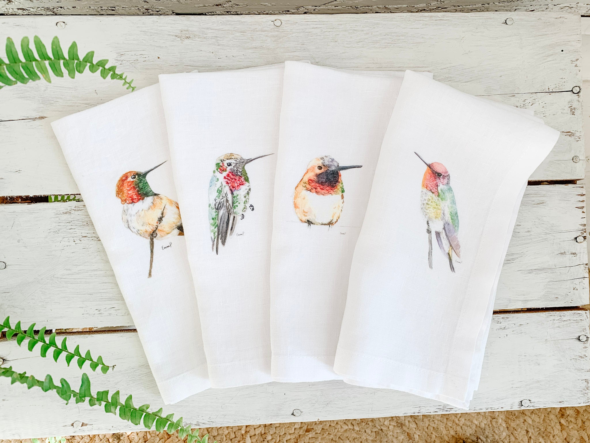 Set of four French Linen napkins with Anna's, Rufous, Ruby and Orange headed hummingbird