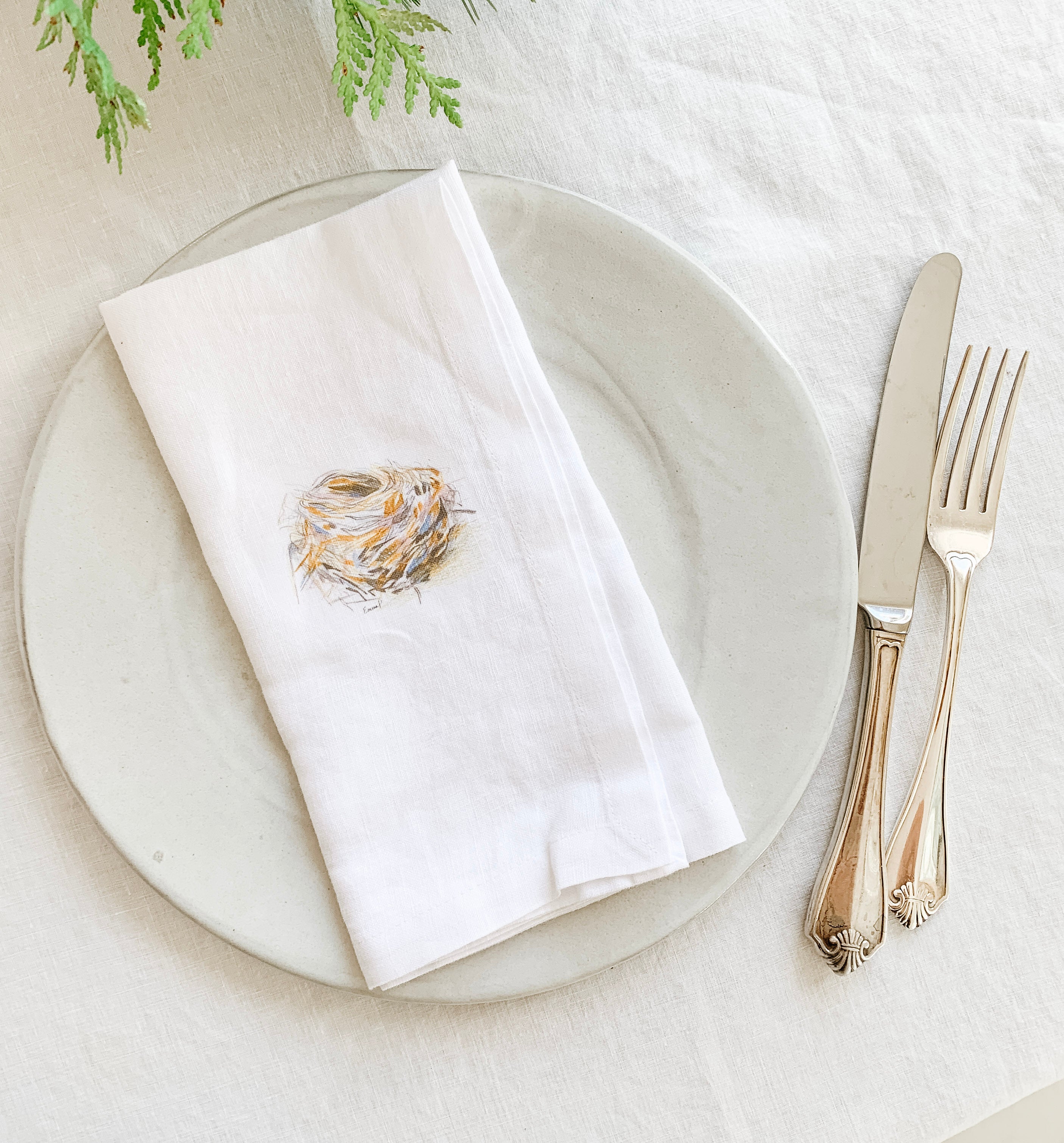 Set of six French Linen napkins for lovers of little birds-chickadee, bluebird, goldfinch, nest, English robin and nuthatch