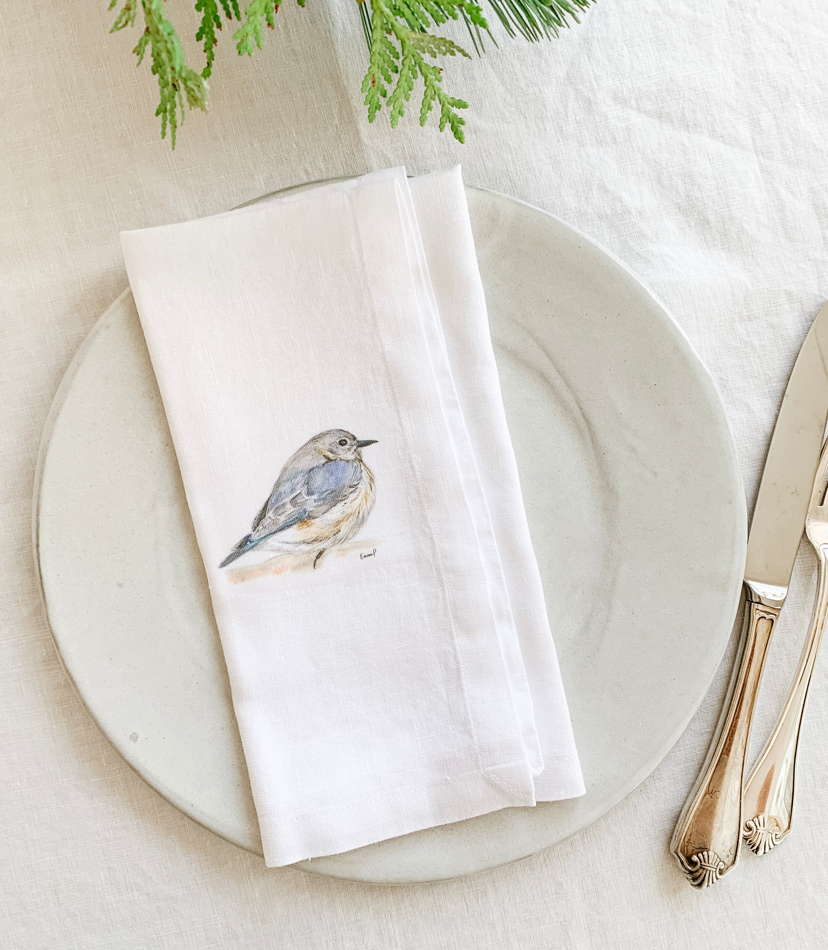 Set of four French Linen napkins with chickadee goldfinch nest and bluebird