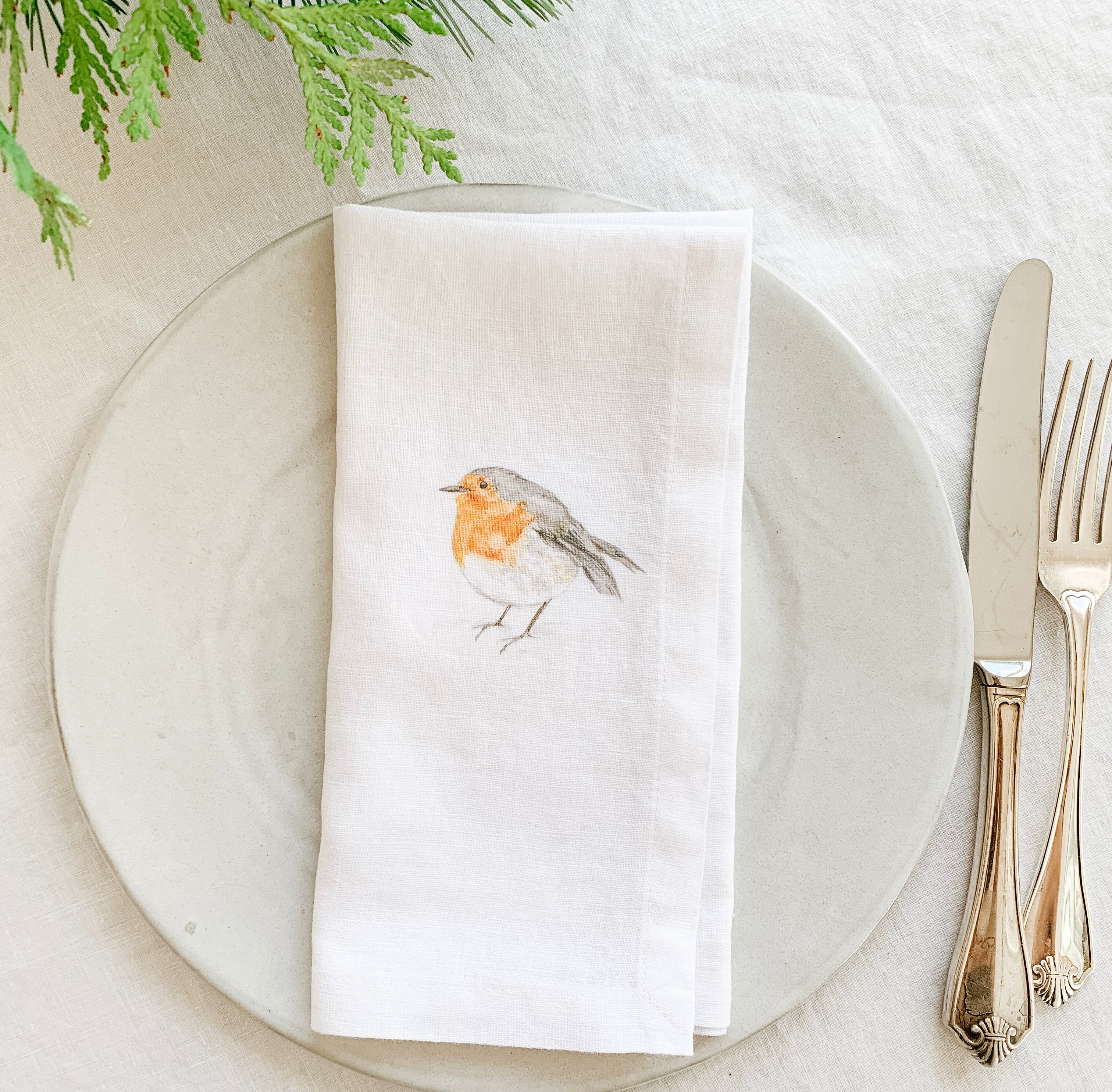Set of six French Linen napkins for lovers of little birds-chickadee, bluebird, goldfinch, nest, English robin and nuthatch