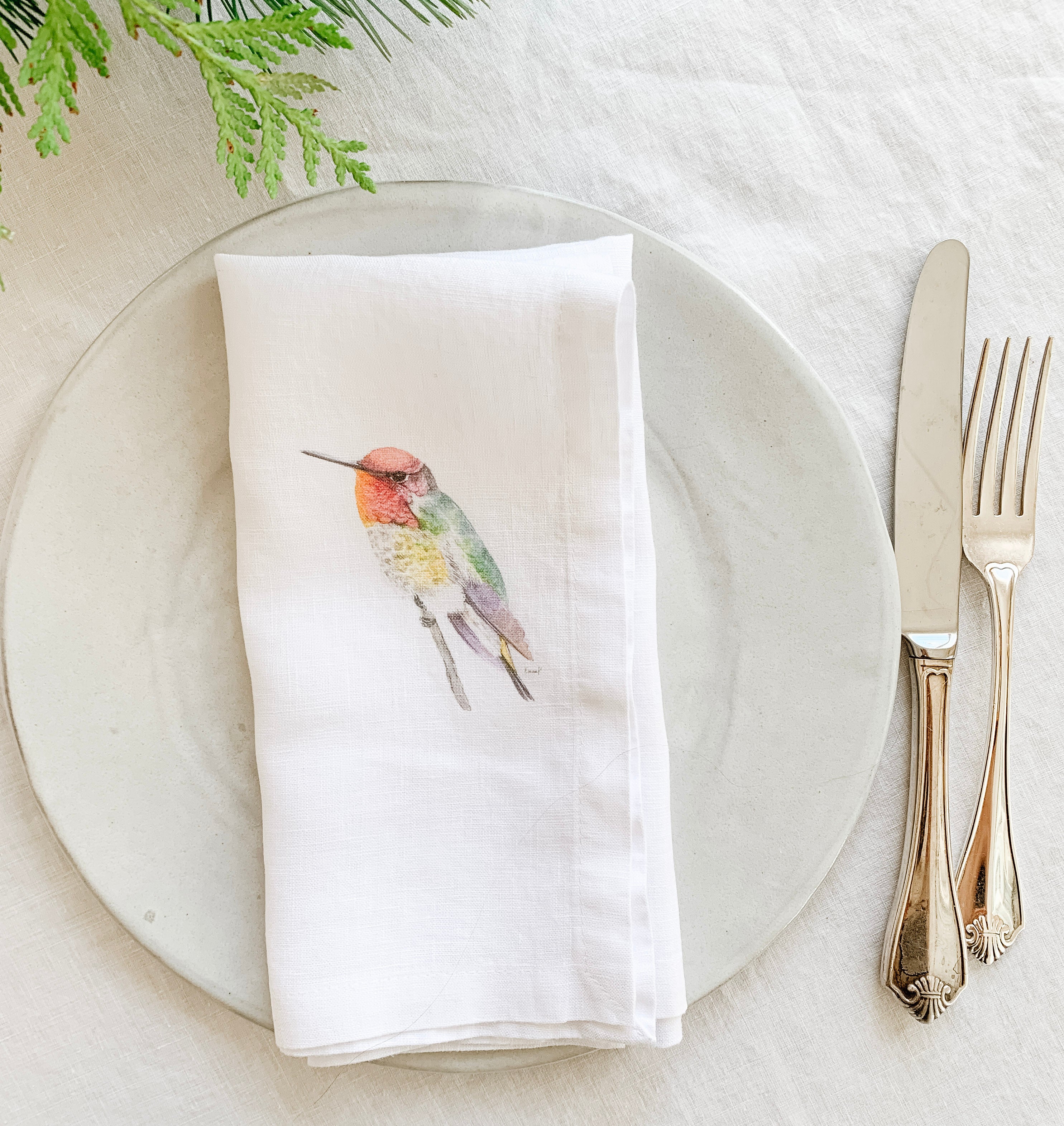 Set of four French Linen napkins with Anna's, Rufous, Ruby and Orange headed hummingbird