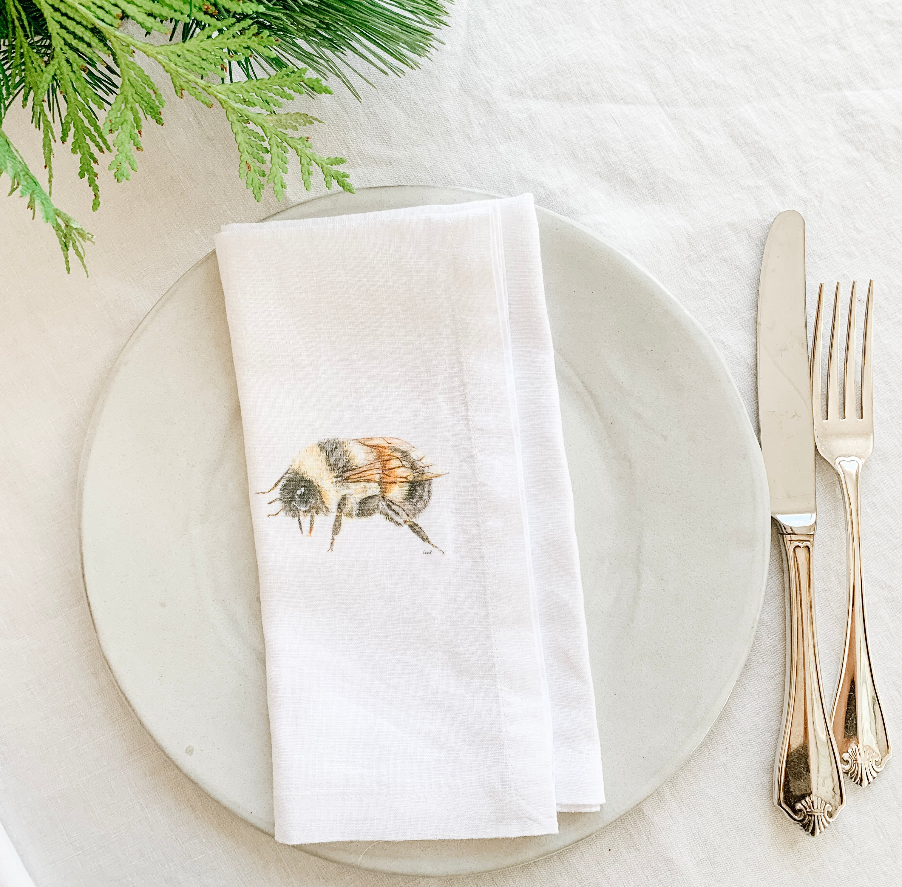 Set of four French Linen napkins with bees, butterfly and dragonfly