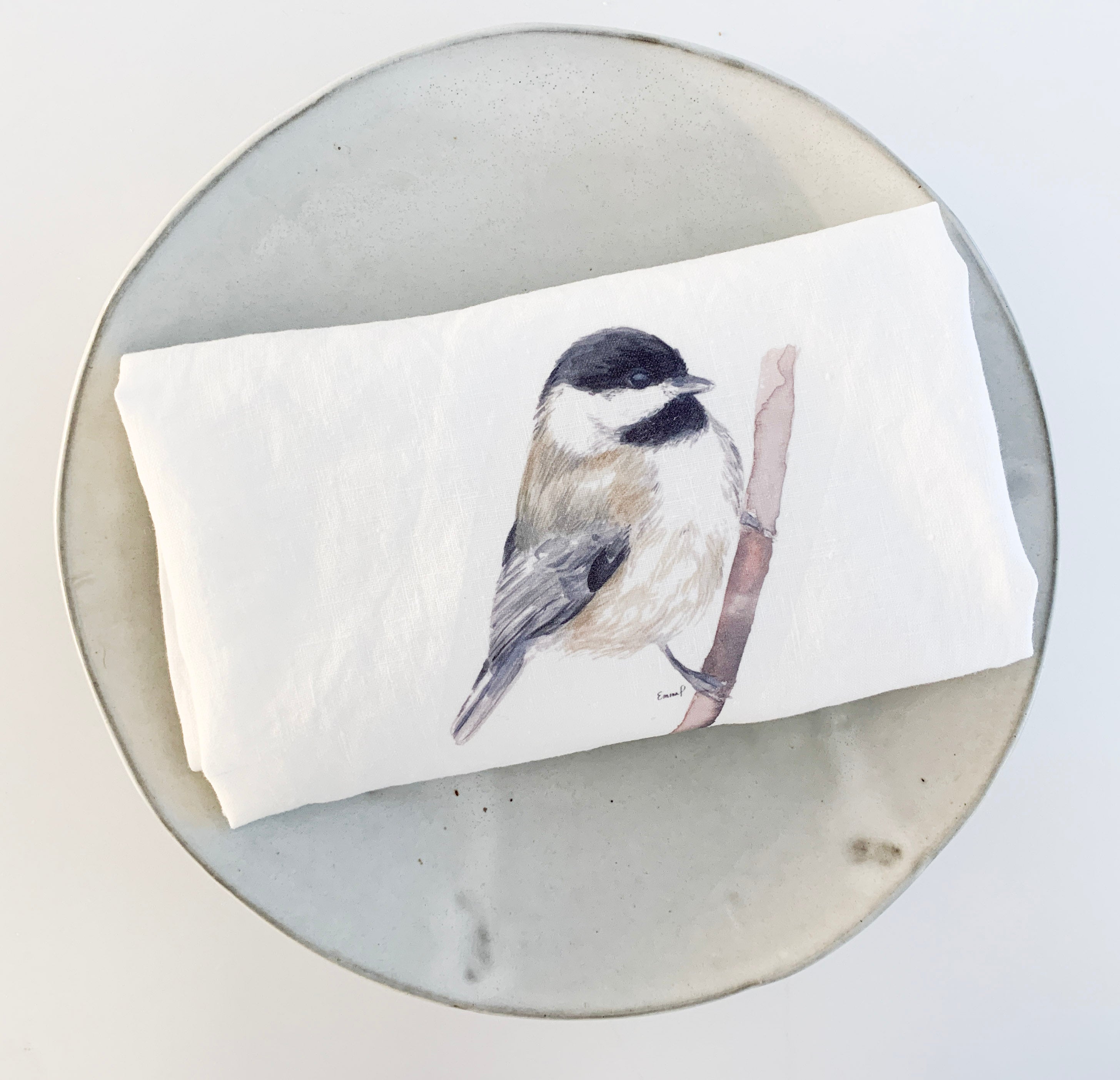 Chickadee on Branch French Linen Tea Towel