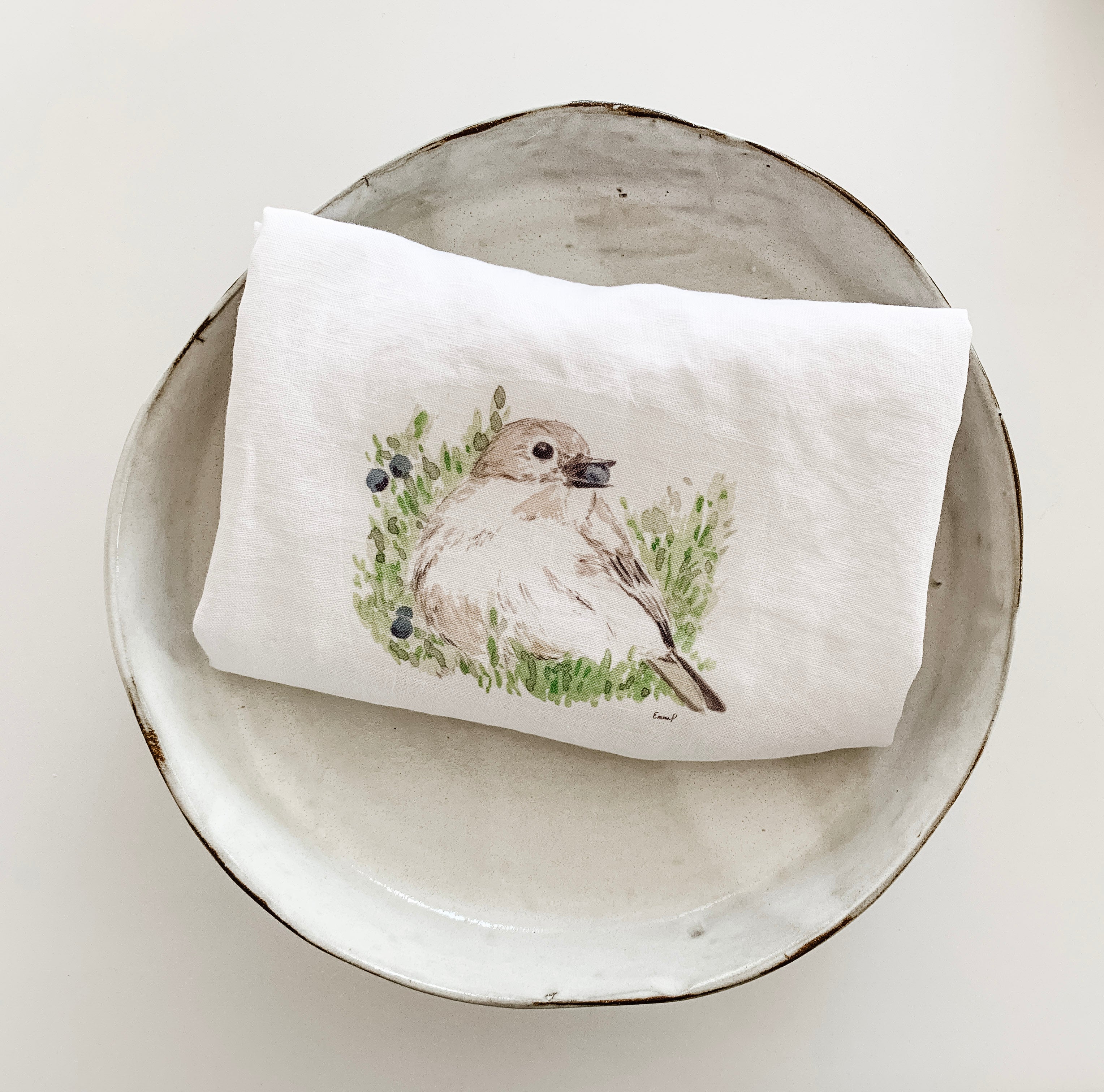 Bird eating berries French Linen Tea Towel