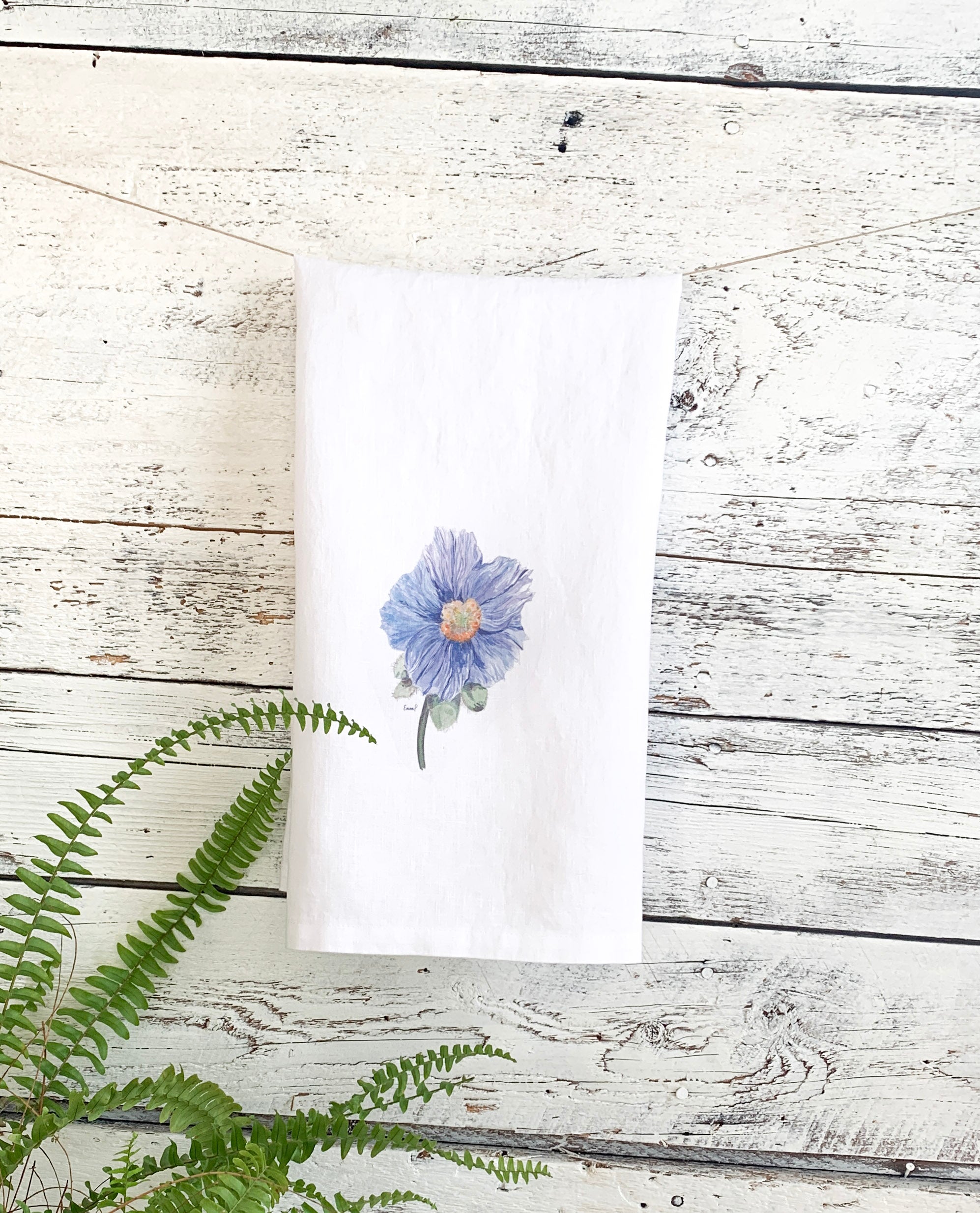 Blue Poppy French Linen Tea Towel