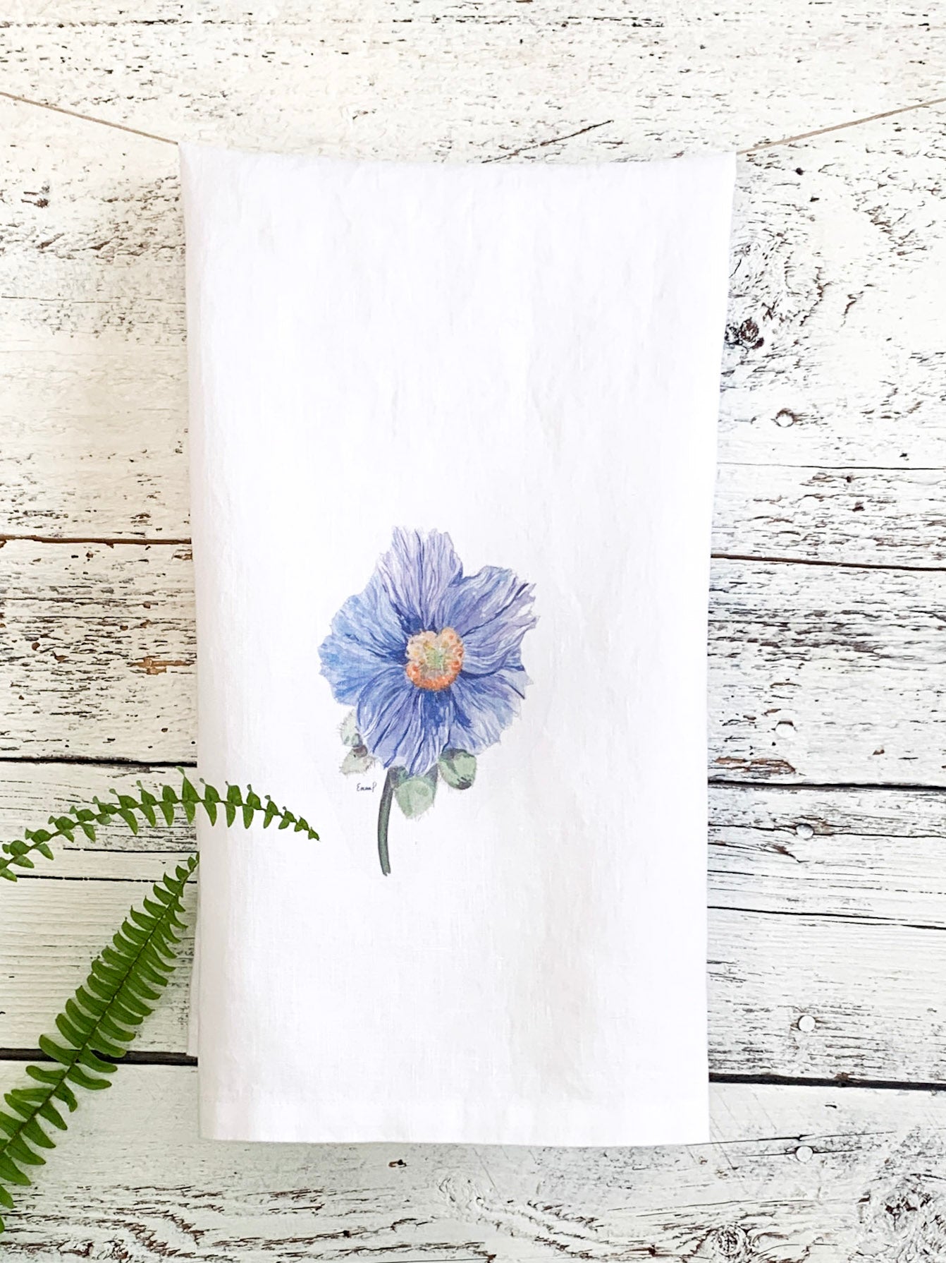 Blue Poppy French Linen Tea Towel