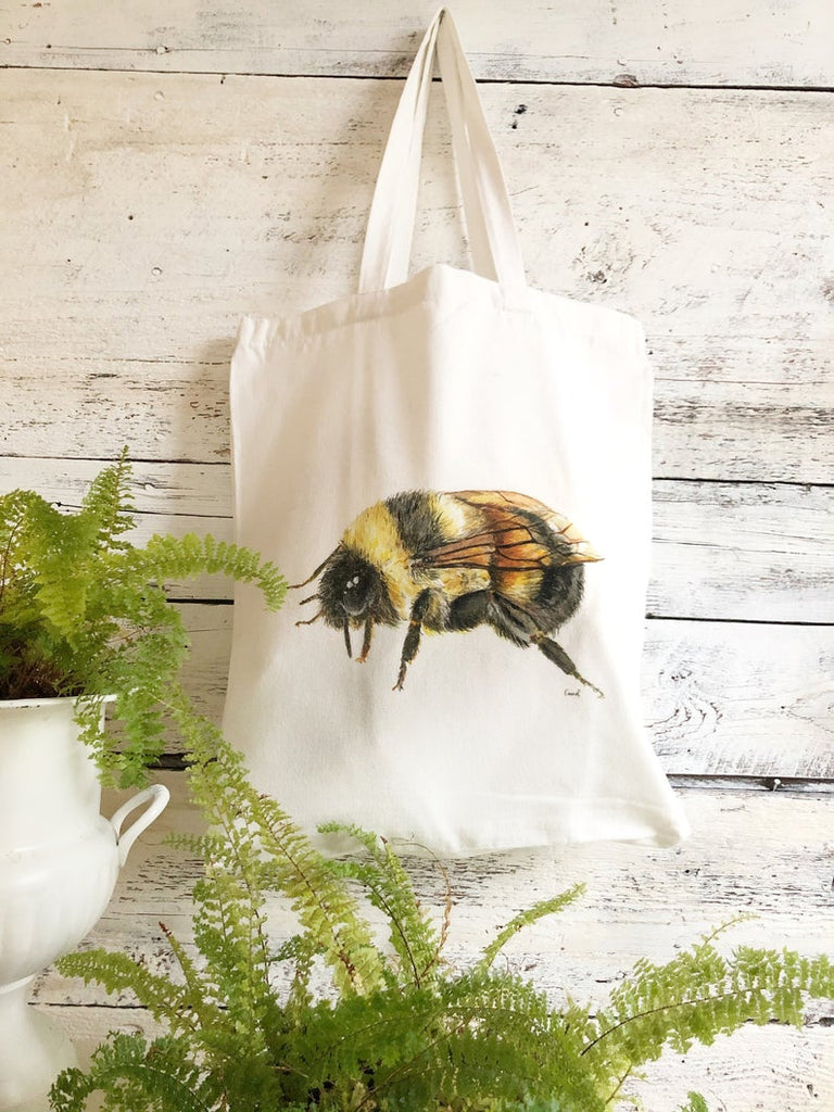 Canvas reusable tote bag with art with bumble bee