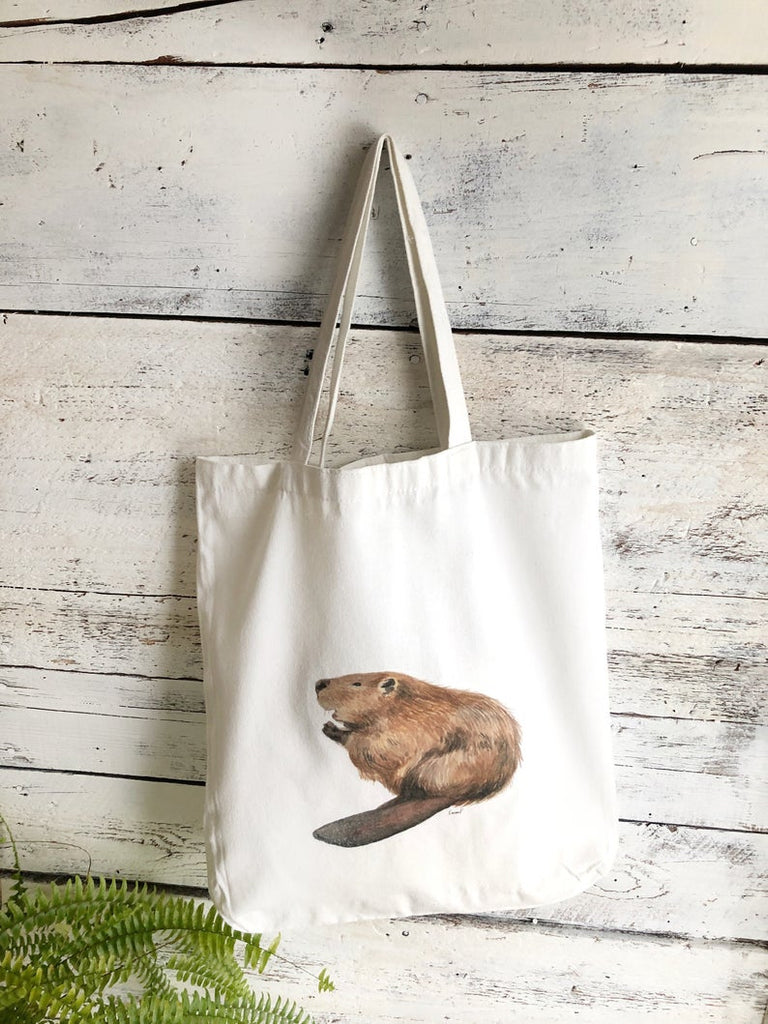 Canvas reusable tote bag with art beaver art