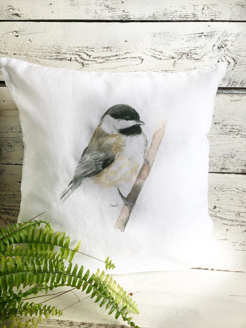 Chickadee on Branch French Linen Pillow Cover