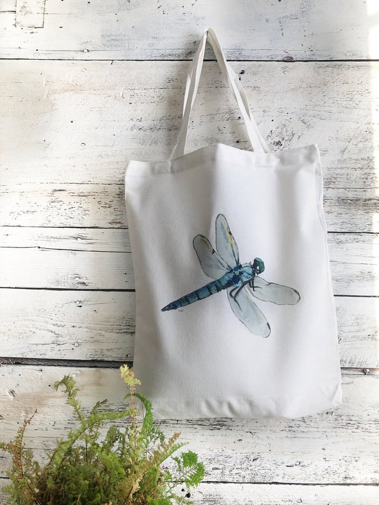 Canvas reusable tote bag with dragonfly art
