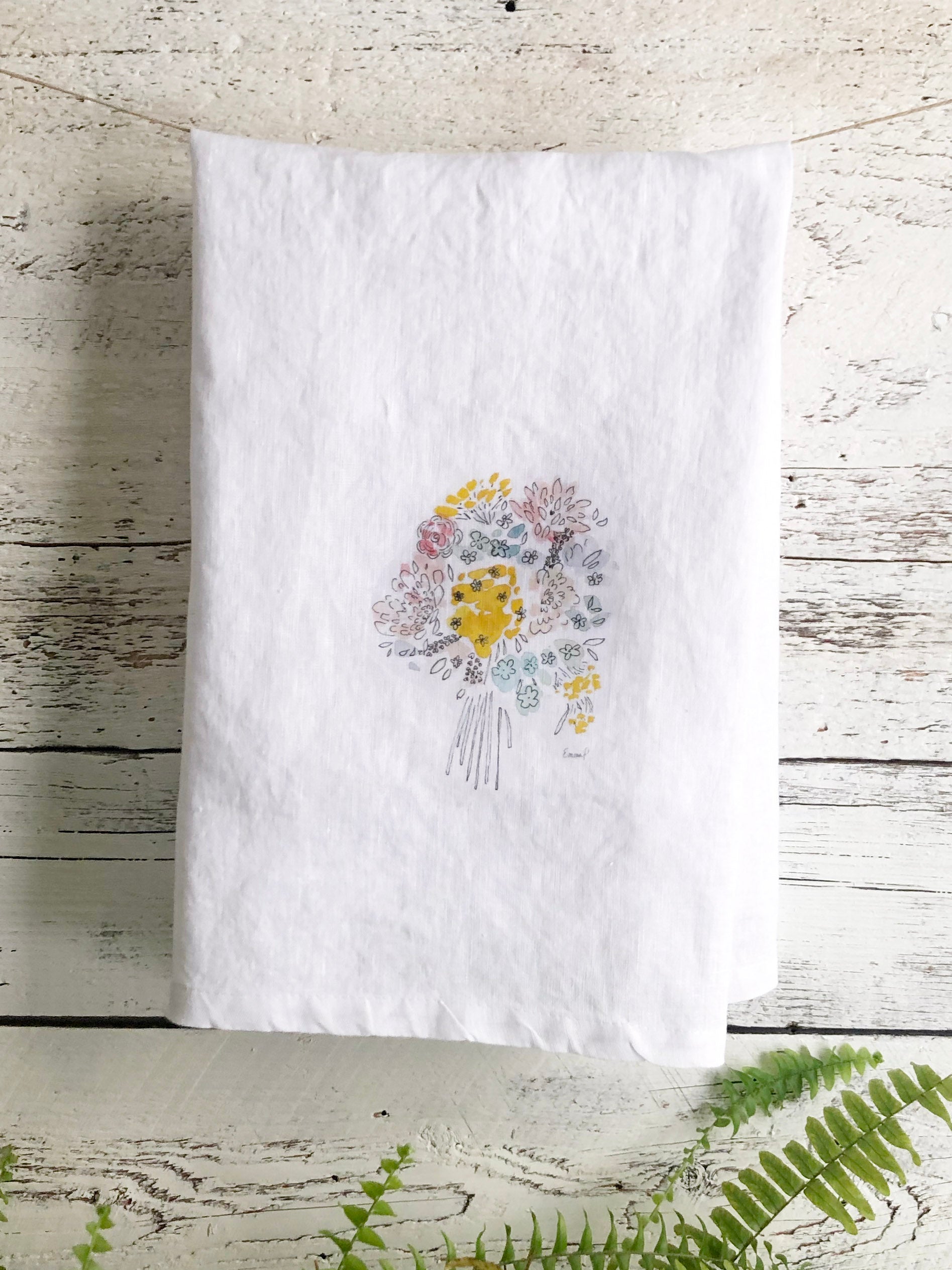 Floral Doodle Bouquet French Linen Tea Towel