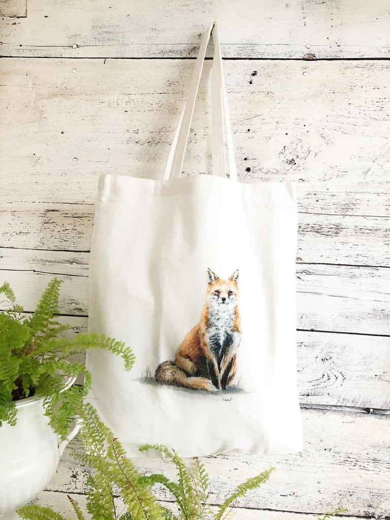 Canvas reusable tote bag with fox art